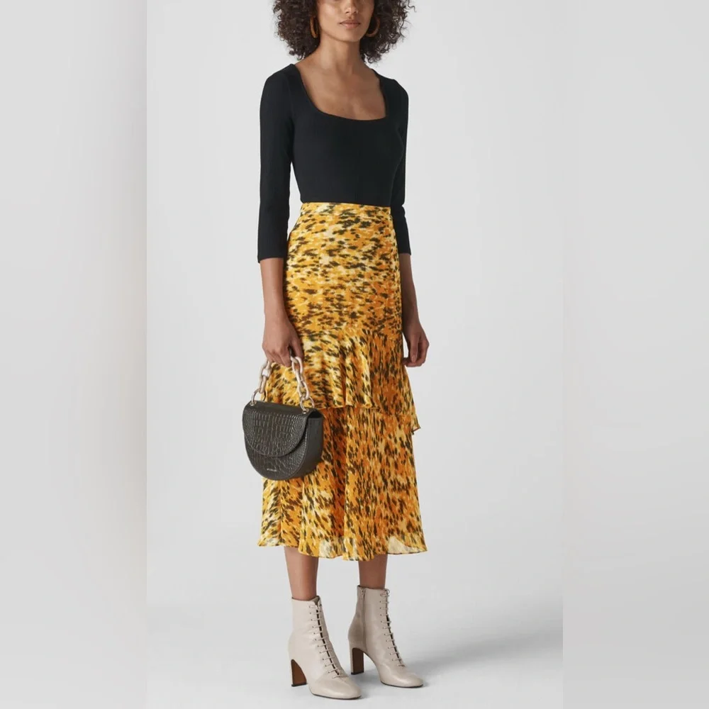 Whistles Midi Tiered‎ Skirt 10 Yellow Ikat Animal Midi Skirt
